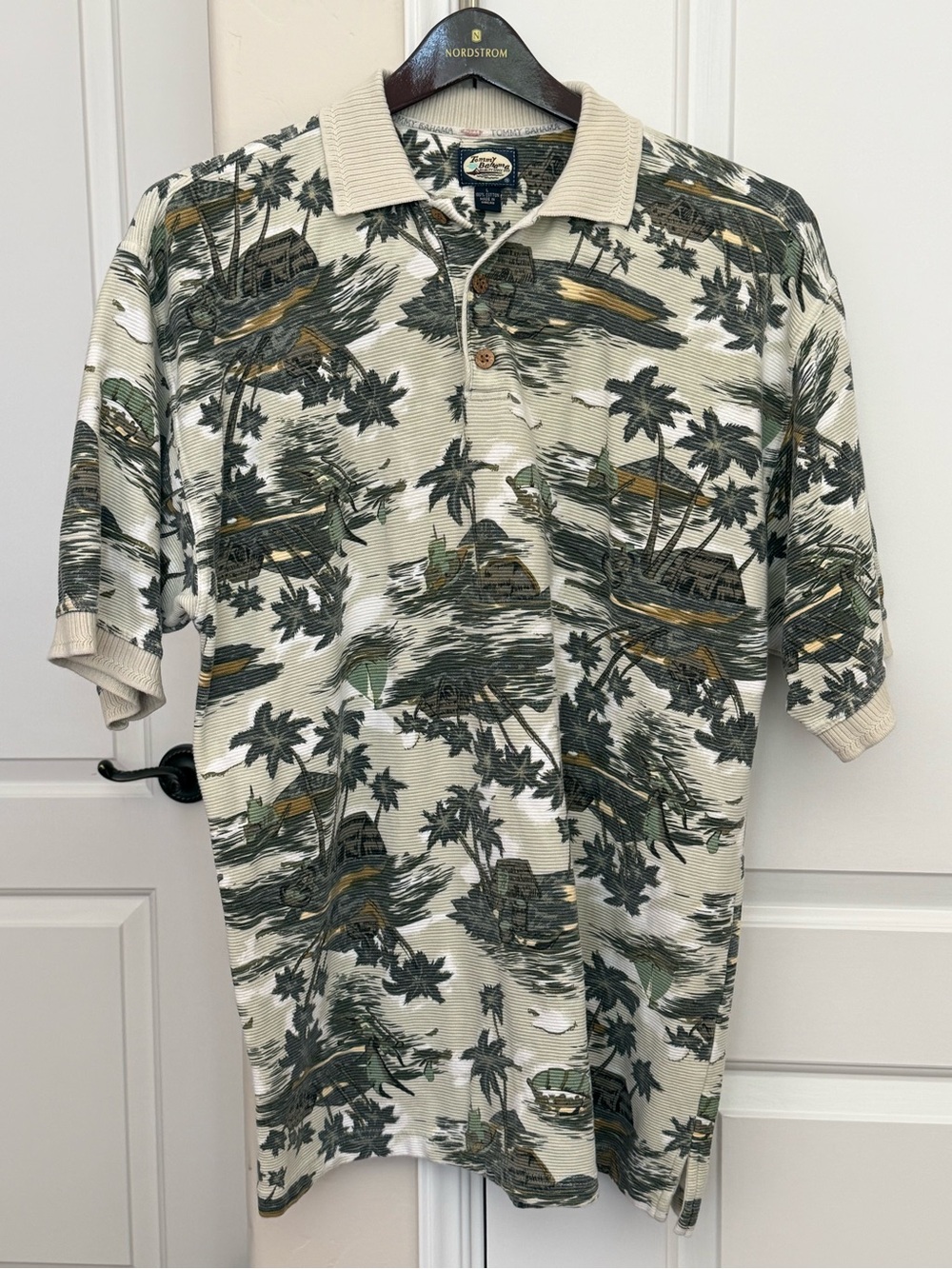Vintage Tommy Bahama Men's 100% Cotton Island-Print Polo Shirt Sz Lg Knit Collar